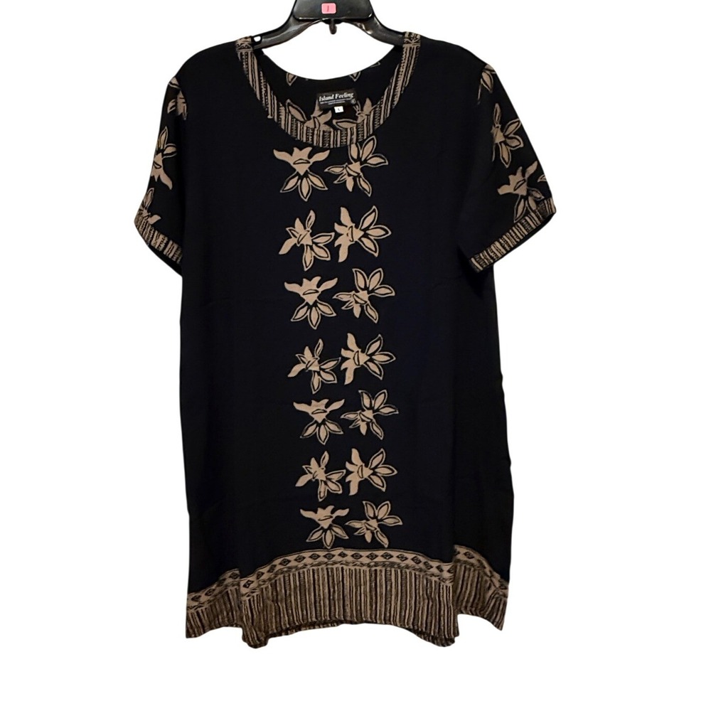 Island Feeling Black Tan Floral Batik Shift Dress Womens Size L Resort Coastal